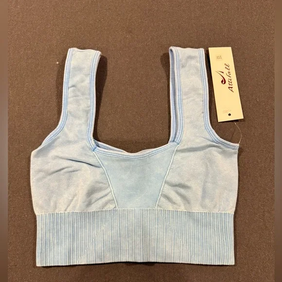 Attifall Seamless Square Neck Sports Bra Ribbed Crop Top Low Cut Blue Size XS/S - Picture 2 of 5